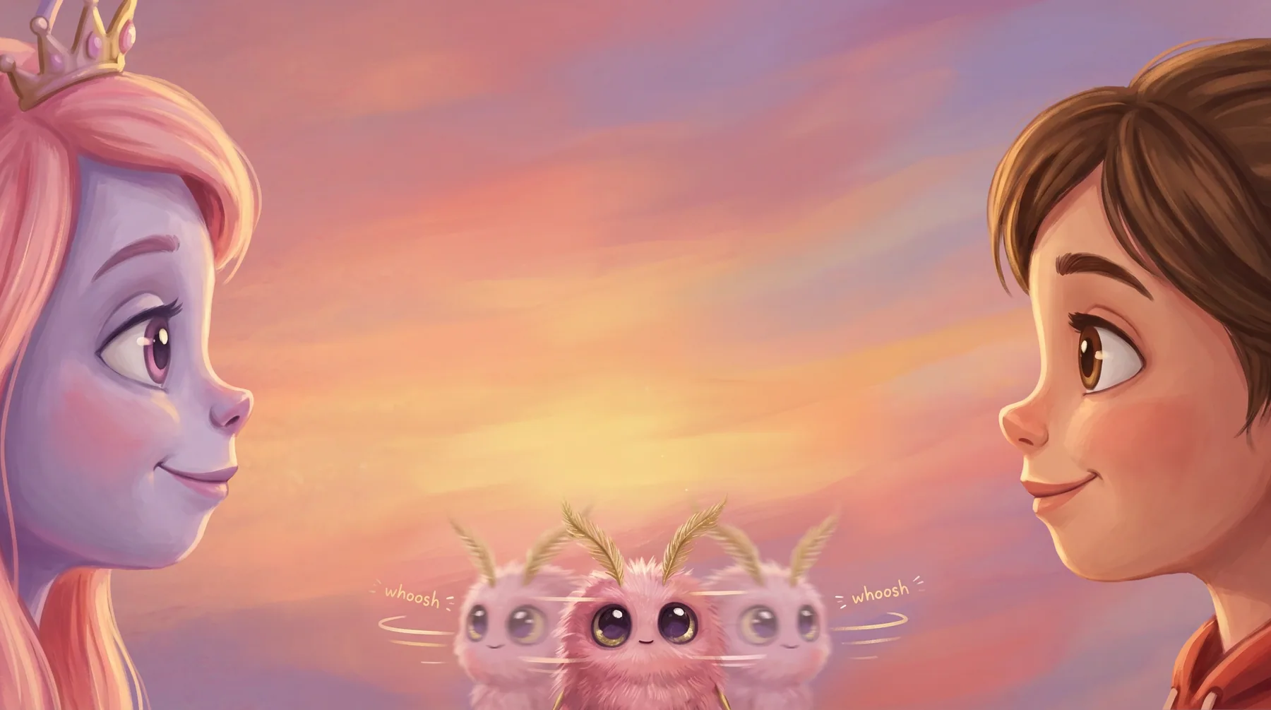 Picture book illustration — Princess Lumi and her new Earth friend Maya watch a glowing pink-and-orange sunset together with three fluffy Shimmer Fairies hovering between them