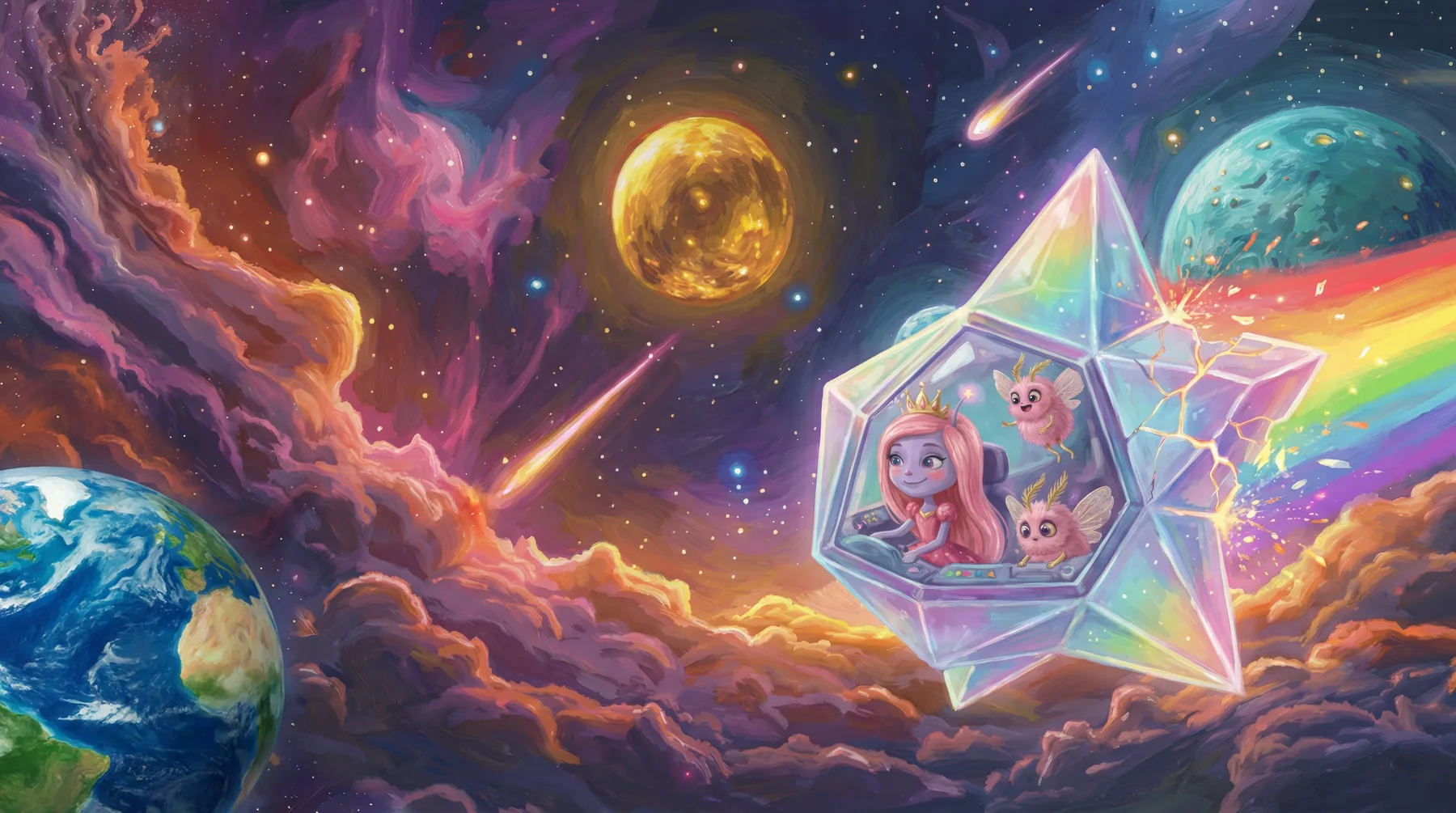 Picture book spread — Princess Lumi's crystal star-ship streaks past planet Earth, two comets, and a glowing moon as colorful nebulas swirl across deep space